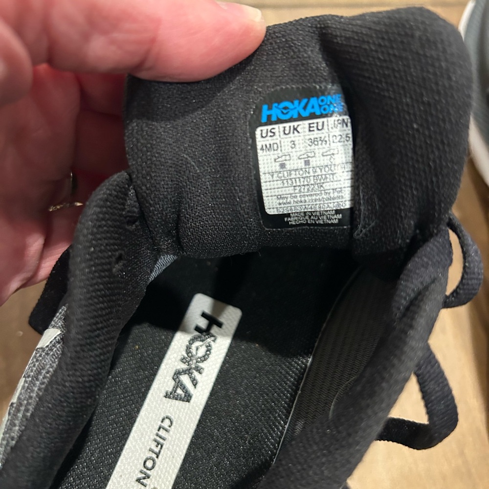 Hoka Clifton Black and White Athletic Sneakers - Picture 4 of 6